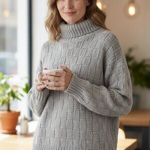 #1986 Miracle NWT Grey High Collared Checked Crochet Sweater Size M/L